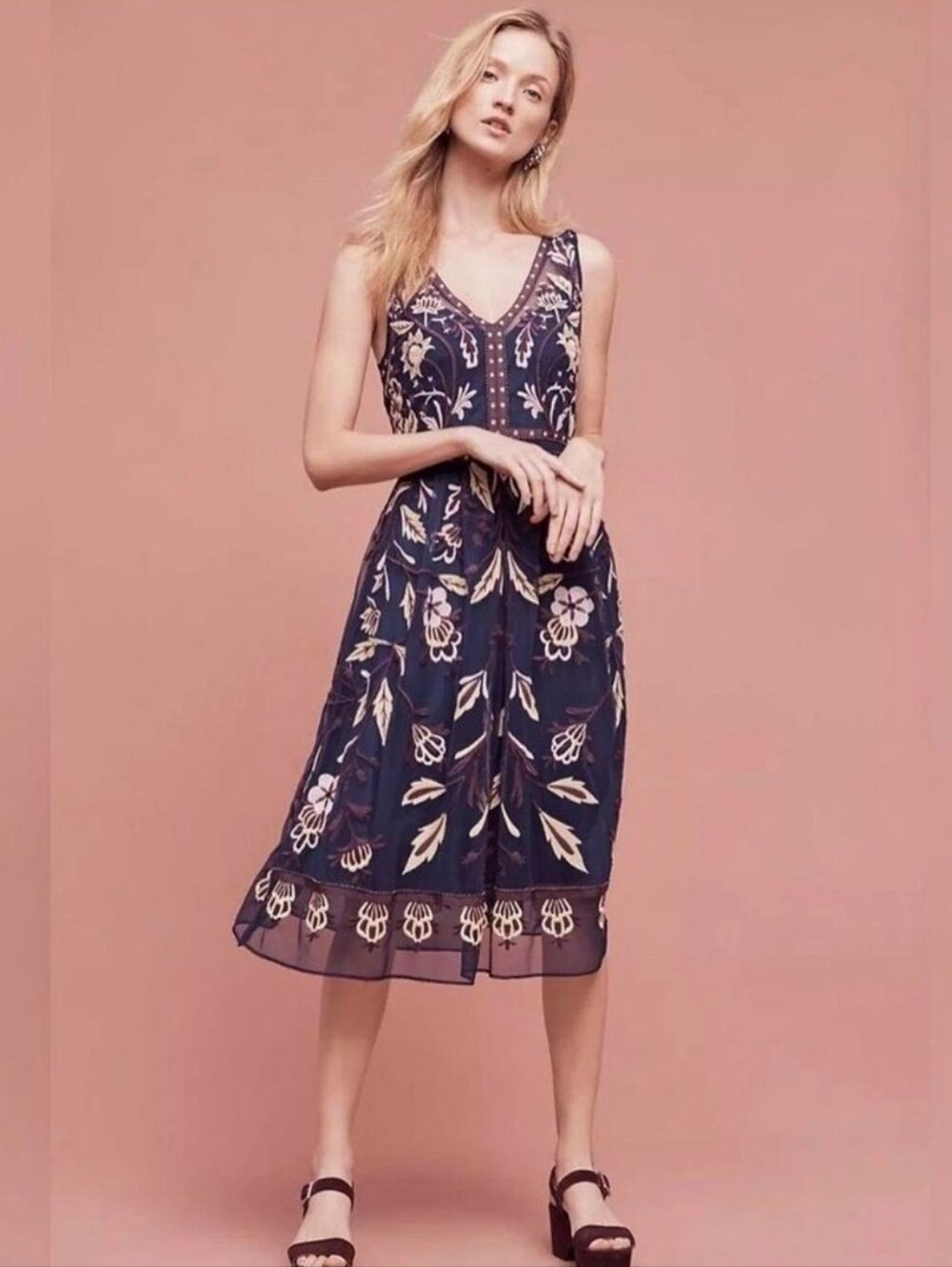 Anthropologie Moulinette Soeurs Embroidered Alicante Mesh Midi Dress Size 4